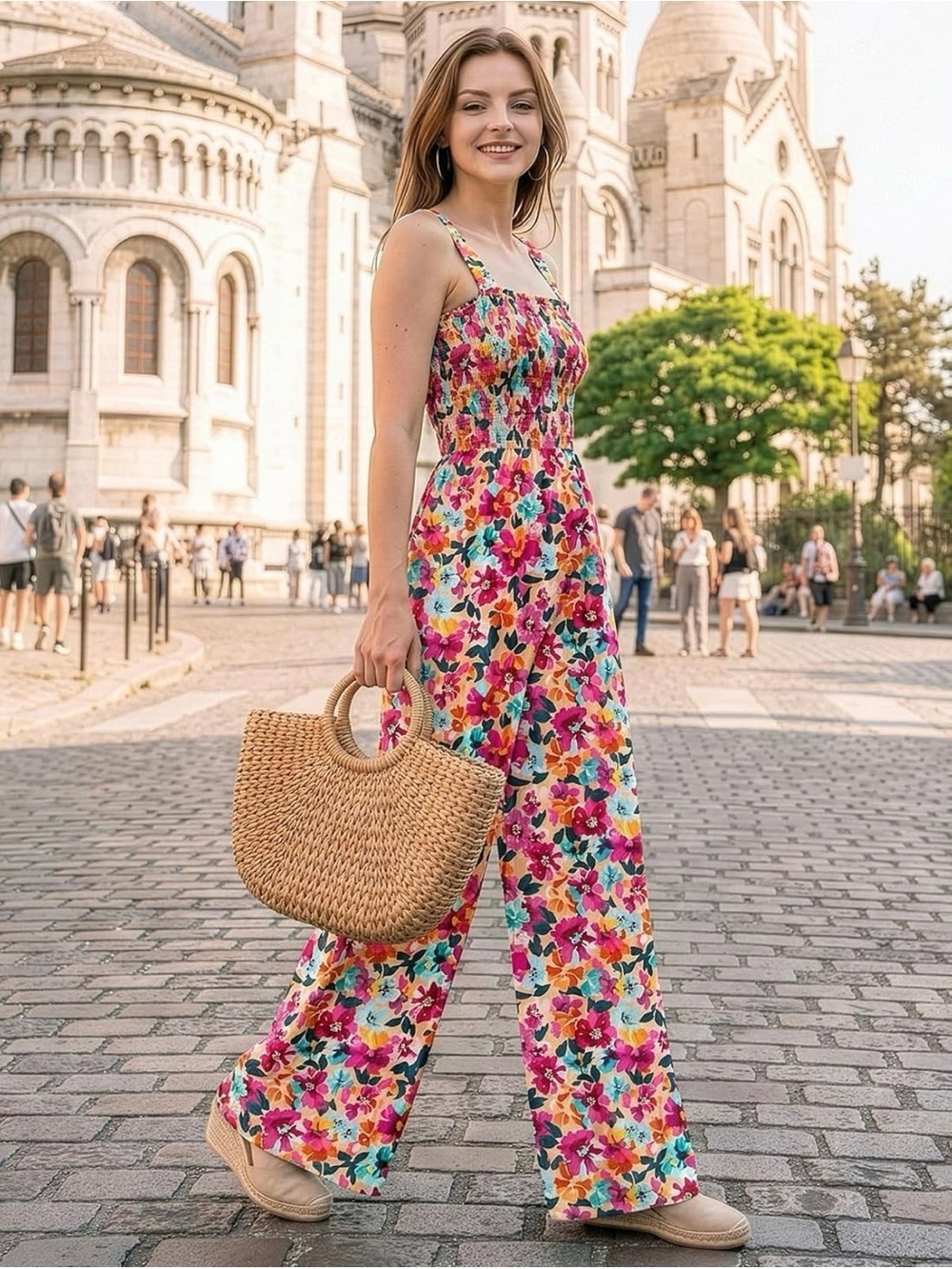 Floral Smocked Maxi Romper Jumper - Multicolor floral wide flowy leg stretch M-L